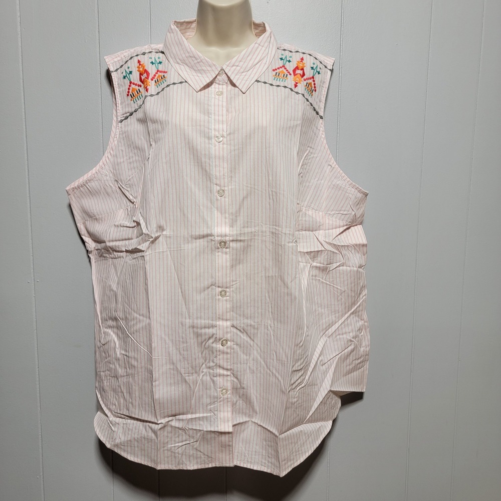 Woman Within Pink Striped Sleeveless‎ Embroidered Button Down Shirt 2X 26/28